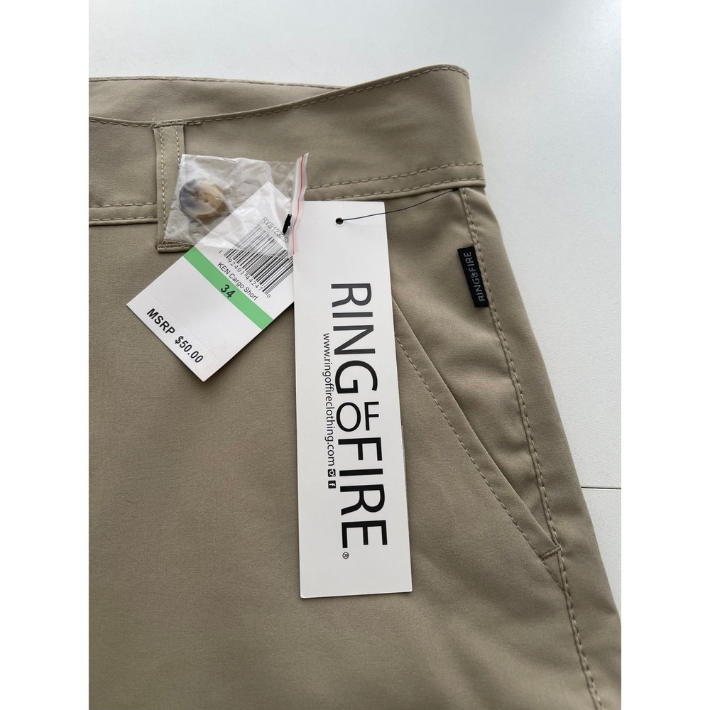 Ring Of Fire Mens Ken Cargo Shorts Khaki Stretch Performance Size 34 New - Picture 5 of 6
